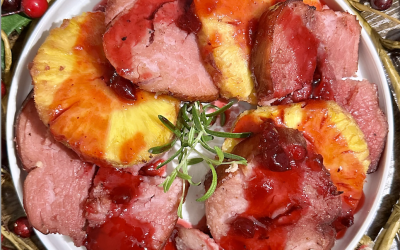 BAKED PINEAPPLE MINI HAM WITH MAPLE CRANBERRY GLAZE